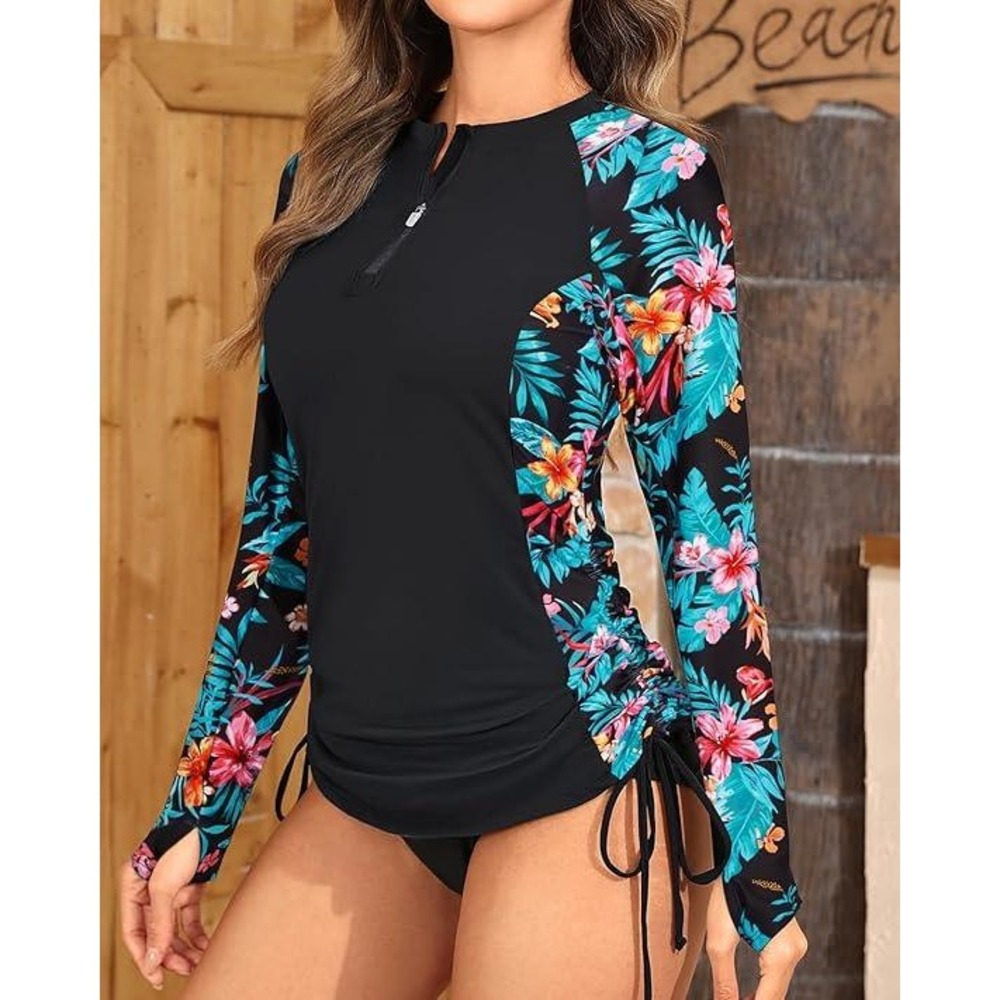 Daci Long Sleeve Rash Guard Floral Quarter Zip Swim Shirt Black 14W /#26522